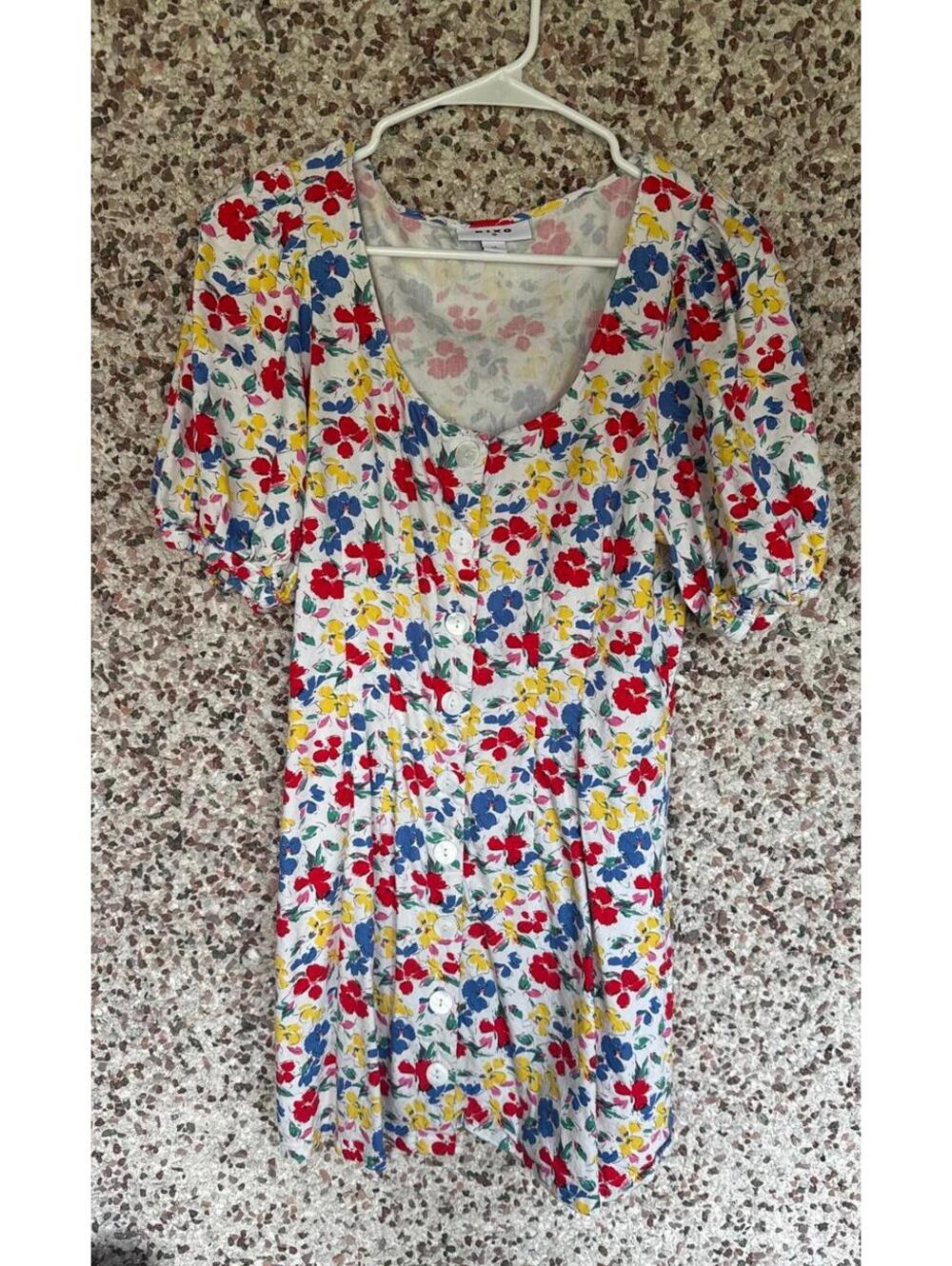 RIXO London Puff Sleeve Floral Mini Dress Size 12 White Red Yellow Blue